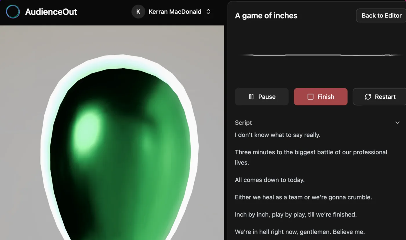 An AudienceOut practice session: an AI audience member on the left, and on the right the script titled A game of inches with Pause, Finish and Restart controls above it.
