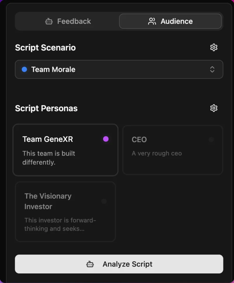 The Audience tab in AudienceOut: the scenario Team Morale is selected, with three personas to choose from: Team GeneXR, CEO and The Visionary Investor.