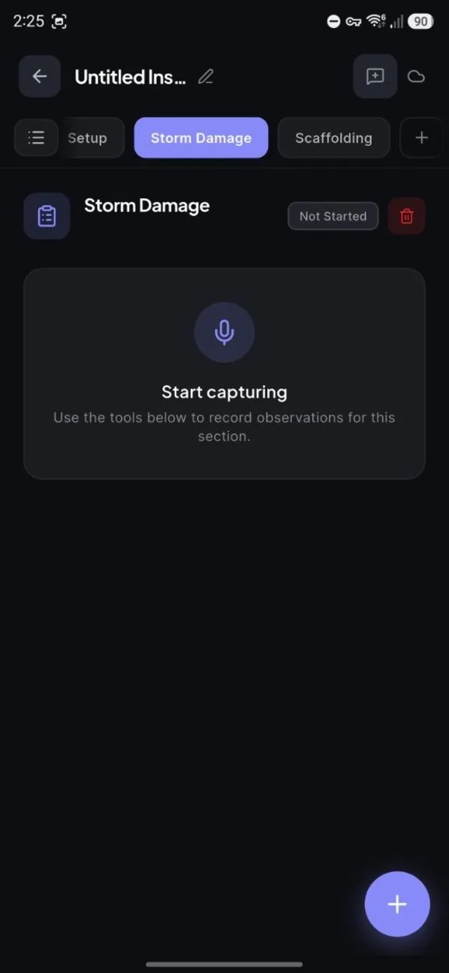 The Vantaige app on a phone, open at the Storm Damage section of an inspection, with a microphone prompt to start capturing