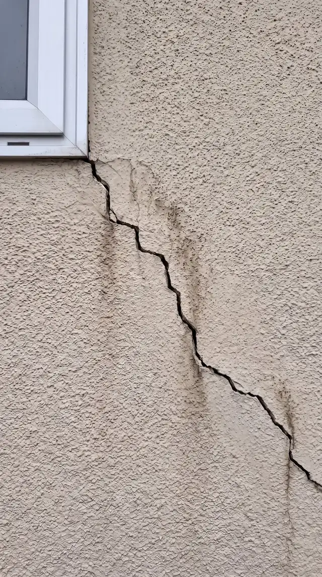 A diagonal crack running across plastered wall cladding below a window