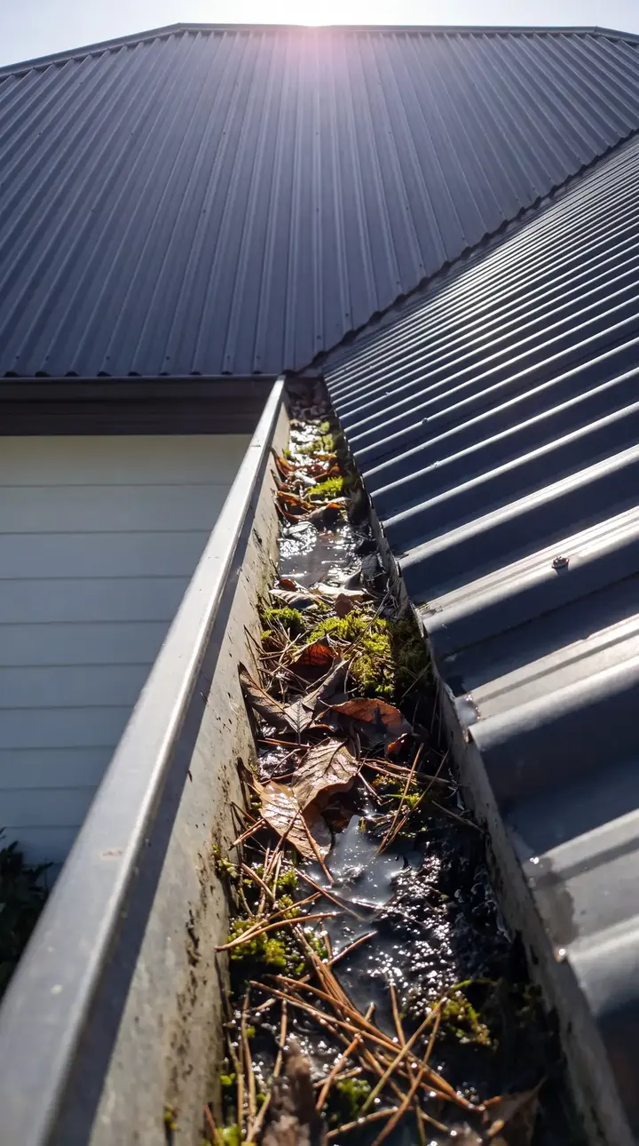 Gutter full of leaves and pine needles, photographed from a ladder at the eaves