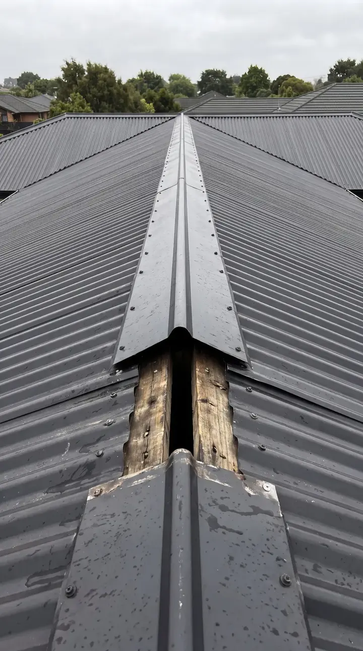 Lifted ridge capping on a corrugated steel roof, the timber under it exposed